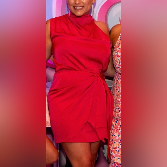 Hot Pink Satin Sleeveless Halter Top Dress - Picture 2 of 2